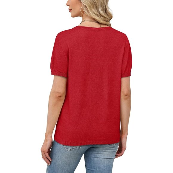 Women Short Sleeve Red Sweater Round Neck Summer Work Beach Vacation Top - Picture 5 of 5